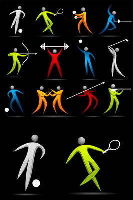 彩色运动项目抽象人形图案与运动器材矢量素材的艺术魅力